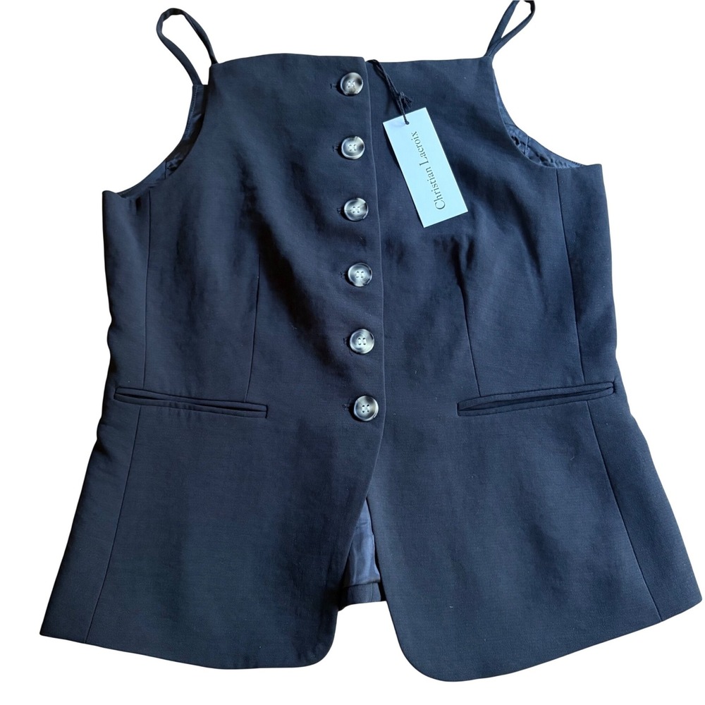 NWT Christian Lacroix Black Crepe Button Front Spaghetti Strap Vest Top Size‎ 4